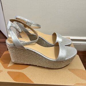 Silver Wedge Strap Up Open Toe Shoes, Wicker Bottom, Size 9 1/2 4 Inches…
